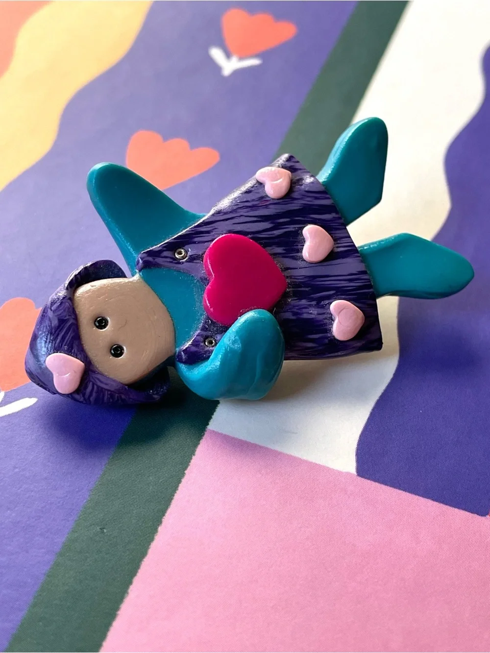 Adorable vintage/style polymer clay girl child brooch w/ hearts